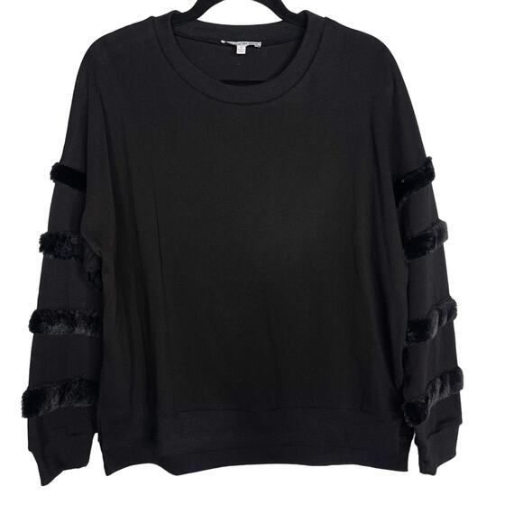 New See and Be Seen Large L Black Faux Fur Striped Detail Crew Neck Sweatshirt - Picture 1 of 11